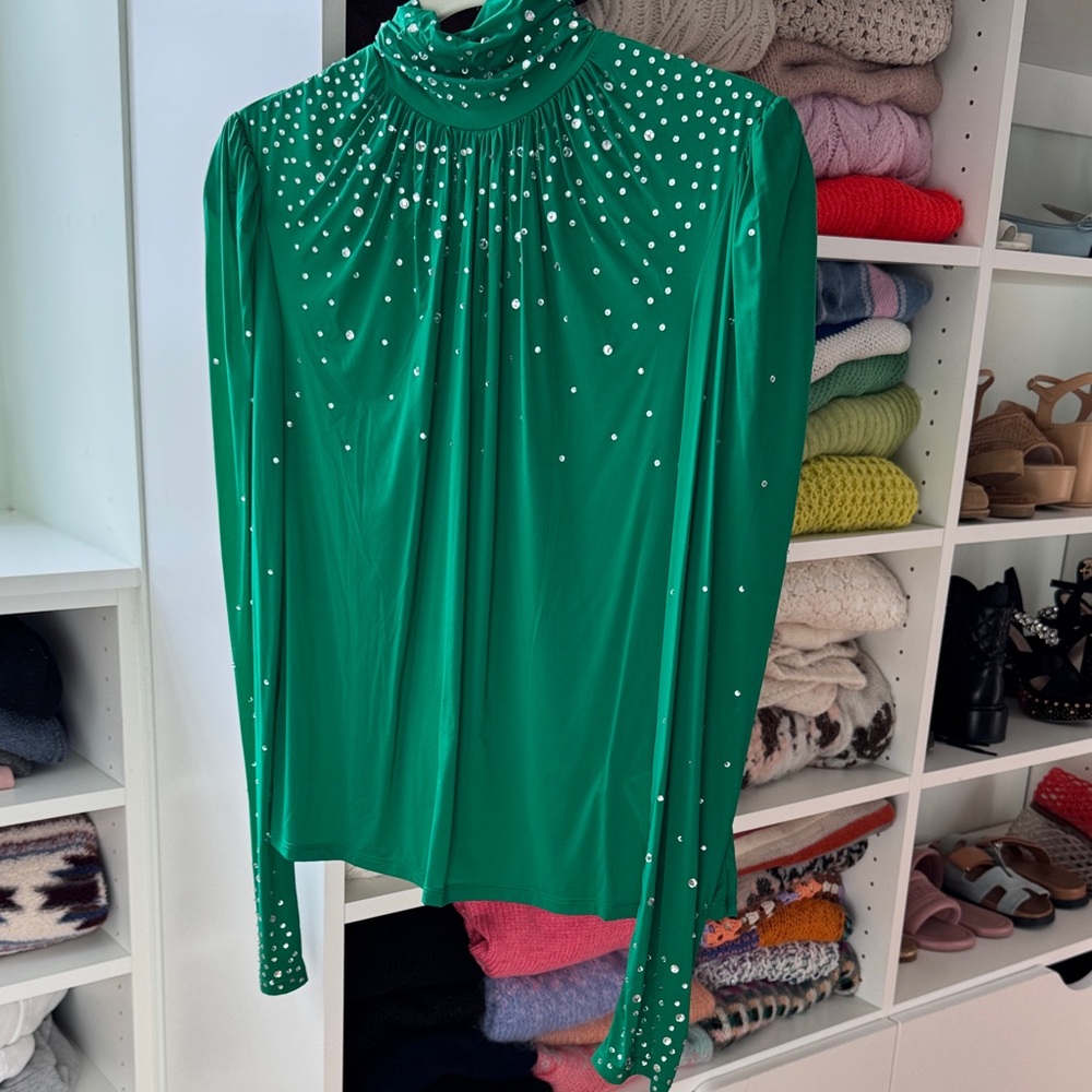 Chic Green Rhinestone Women's Blouse